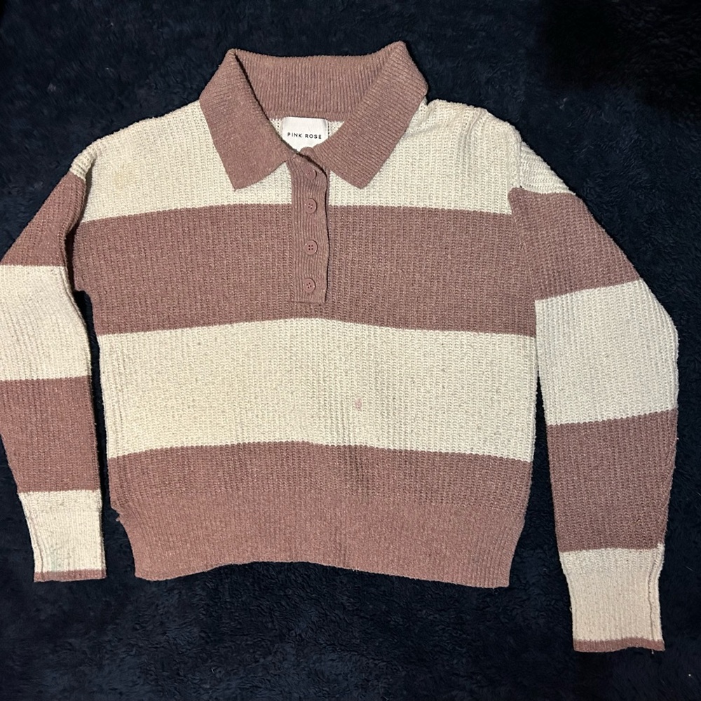 Pink Rose Women's Cowl Neck Sweater - Brown and Cream Stripes